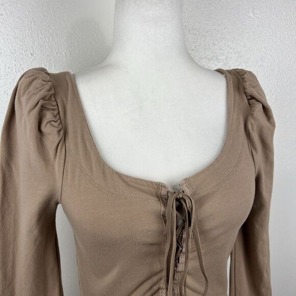 Free People Blouse Women Medium Brown Puff Sleeve Corset Tie Front Scoop Neck - Picture 9 of 15